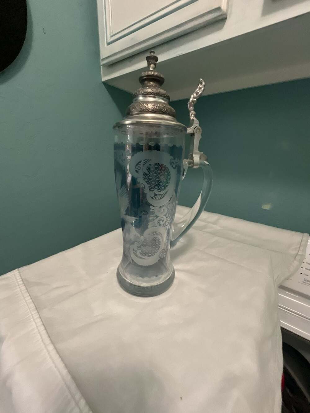 Egermann Czech Republic Etched Glass Beer Stein with Pewter Lid